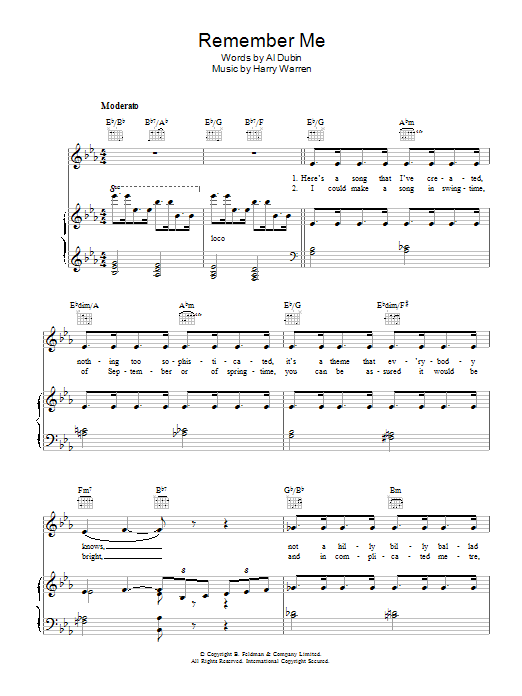 Learn to play Harry Warren Remember Me sheet music for Piano, Vocal & Guitar Chords in minutes. Price: 7.8900$ Harry Warren Remember Me sheet music notes and chords arranged for Piano, Vocal & Guitar Chords
