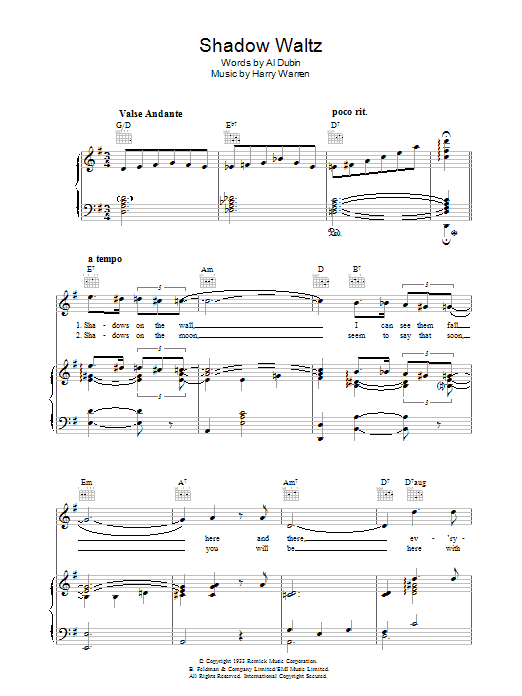 Learn to play Harry Warren Shadow Waltz sheet music for Real Book – Melody & Chords in minutes. Price: 5.9900$ Harry Warren Shadow Waltz sheet music notes and chords arranged for Real Book – Melody & Chords