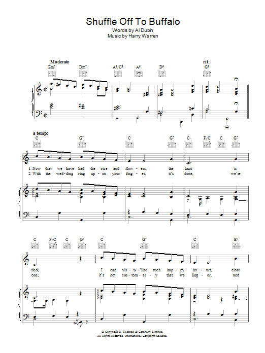 Learn to play Harry Warren Shuffle Off To Buffalo sheet music for Piano, Vocal & Guitar Chords in minutes. Price: 7.8900$ Harry Warren Shuffle Off To Buffalo sheet music notes and chords arranged for Piano, Vocal & Guitar Chords