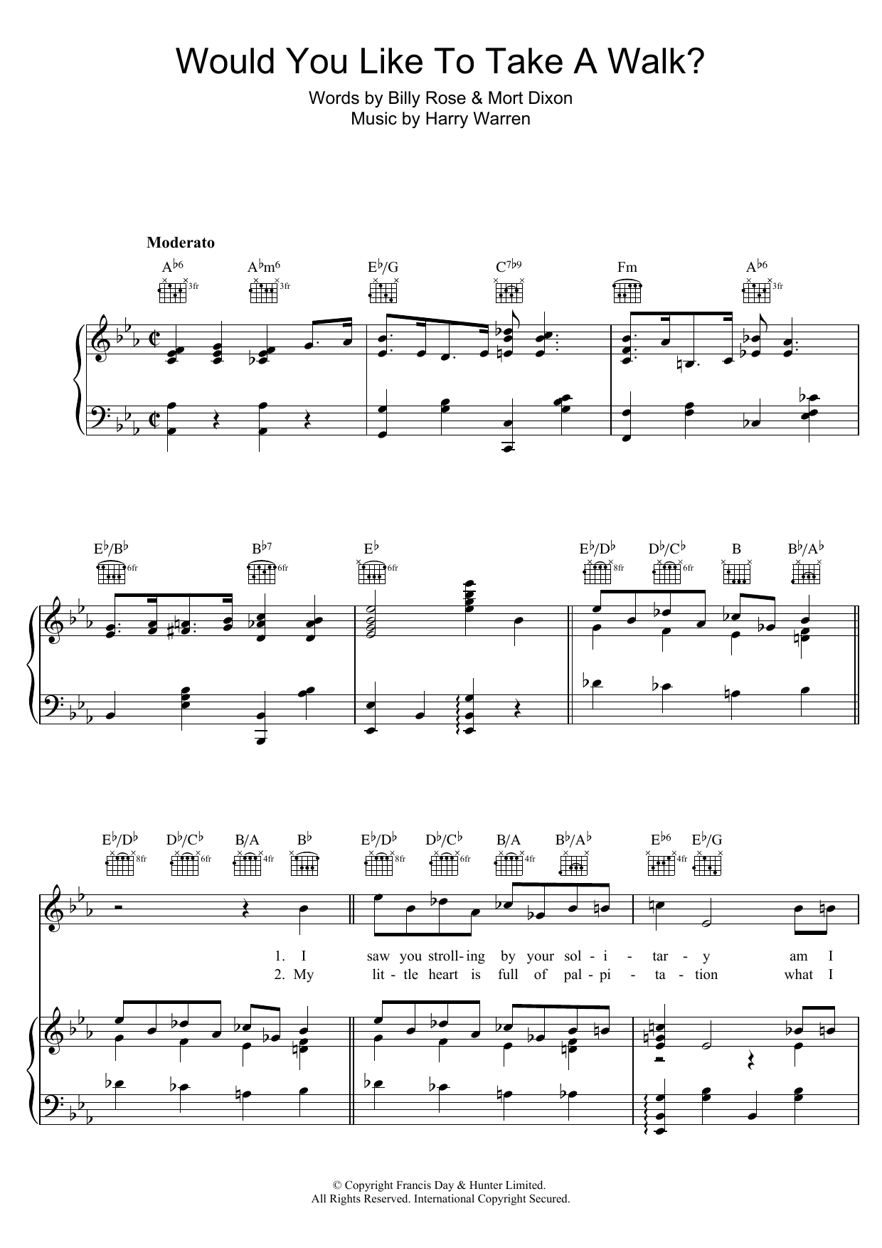 Learn to play Harry Warren Would You Like To Take A Walk? sheet music for Piano, Vocal & Guitar Chords in minutes. Price: 7.8900$ Harry Warren Would You Like To Take A Walk? sheet music notes and chords arranged for Piano, Vocal & Guitar Chords