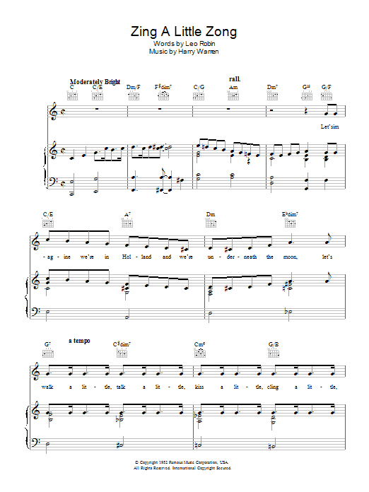 Learn to play Harry Warren Zing A Little Zong sheet music for Piano, Vocal & Guitar Chords in minutes. Price: 7.8900$ Harry Warren Zing A Little Zong sheet music notes and chords arranged for Piano, Vocal & Guitar Chords