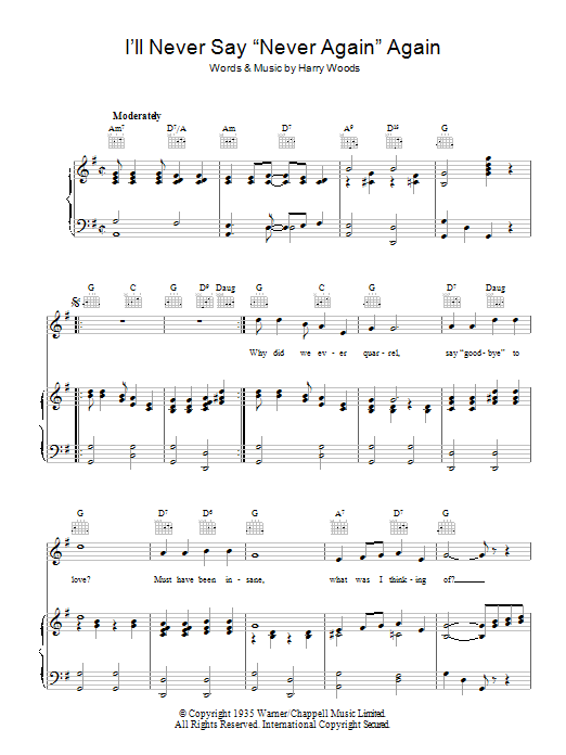 Learn to play Harry Woods I'll Never Say 'Never Again' Again sheet music for Piano, Vocal & Guitar Chords in minutes. Price: 7.8900$ Harry Woods I'll Never Say 'Never Again' Again sheet music notes and chords arranged for Piano, Vocal & Guitar Chords