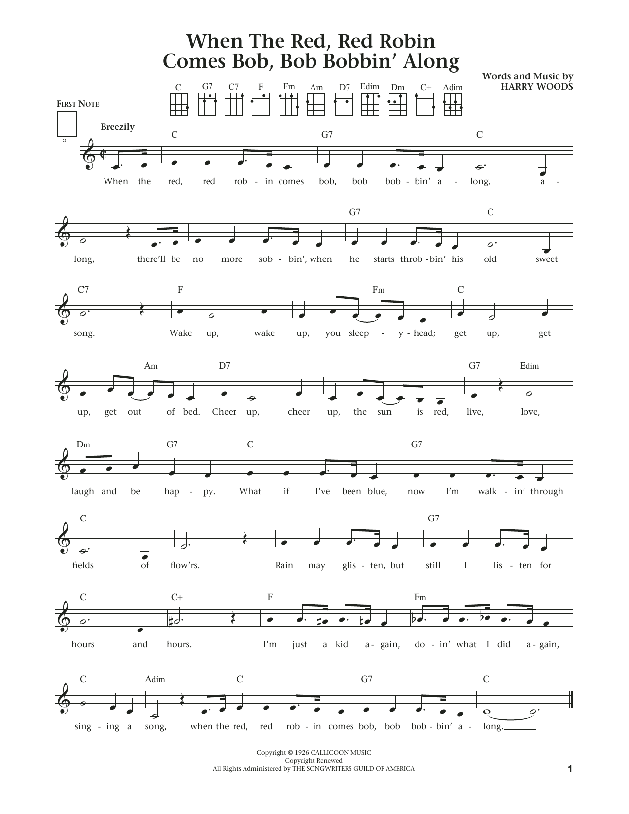 Learn to play Harry Woods When The Red, Red Robin Comes Bob, Bob Bobbin' Along (The Daily Ukulele) (arr. Liz and Jim Beloff) sheet music for Ukulele in minutes. Price: 5.9900$ Harry Woods When The Red, Red Robin Comes Bob, Bob Bobbin' Along (The Daily Ukulele) (arr. Liz and Jim Beloff) sheet music notes and chords arranged for Ukulele