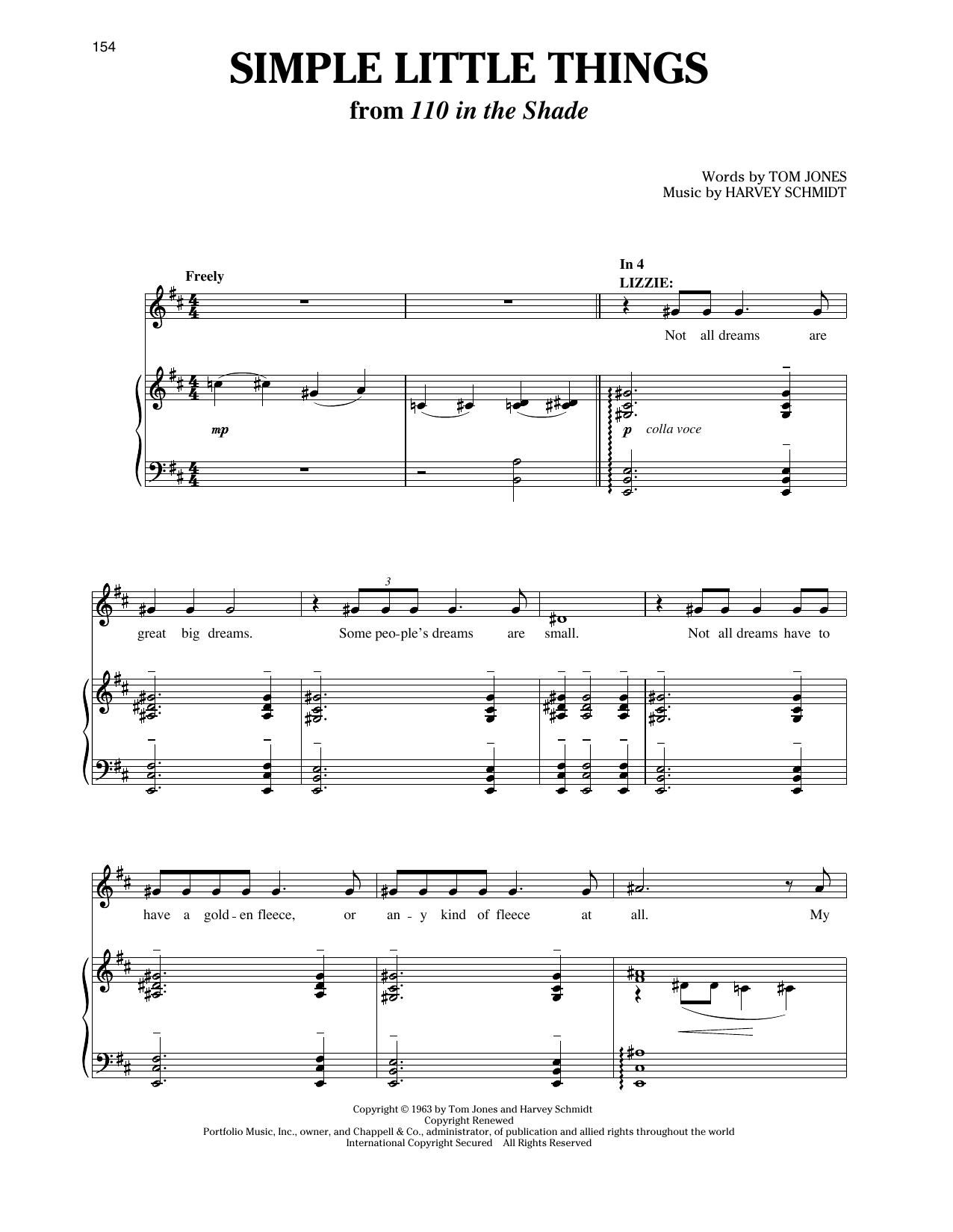 Harvey Schmidt and Tom Jones Simple Little Things (from 110 in the Shade) sheet music notes and chords. Download Printable PDF.