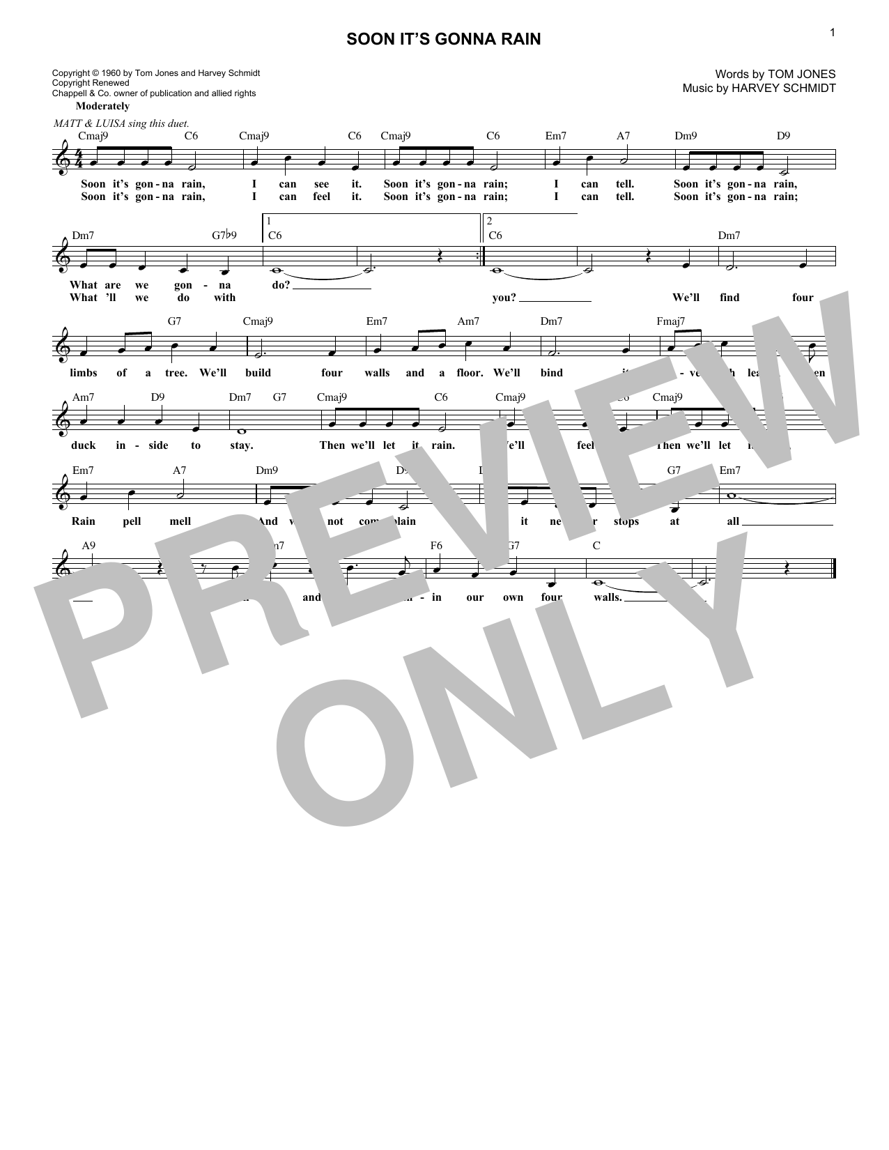 Learn to play Harvey Schmidt Soon It's Gonna Rain (from The Fantasticks) sheet music for Lead Sheet / Fake Book in minutes. Price: 5.9900$ Harvey Schmidt Soon It's Gonna Rain (from The Fantasticks) sheet music notes and chords arranged for Lead Sheet / Fake Book