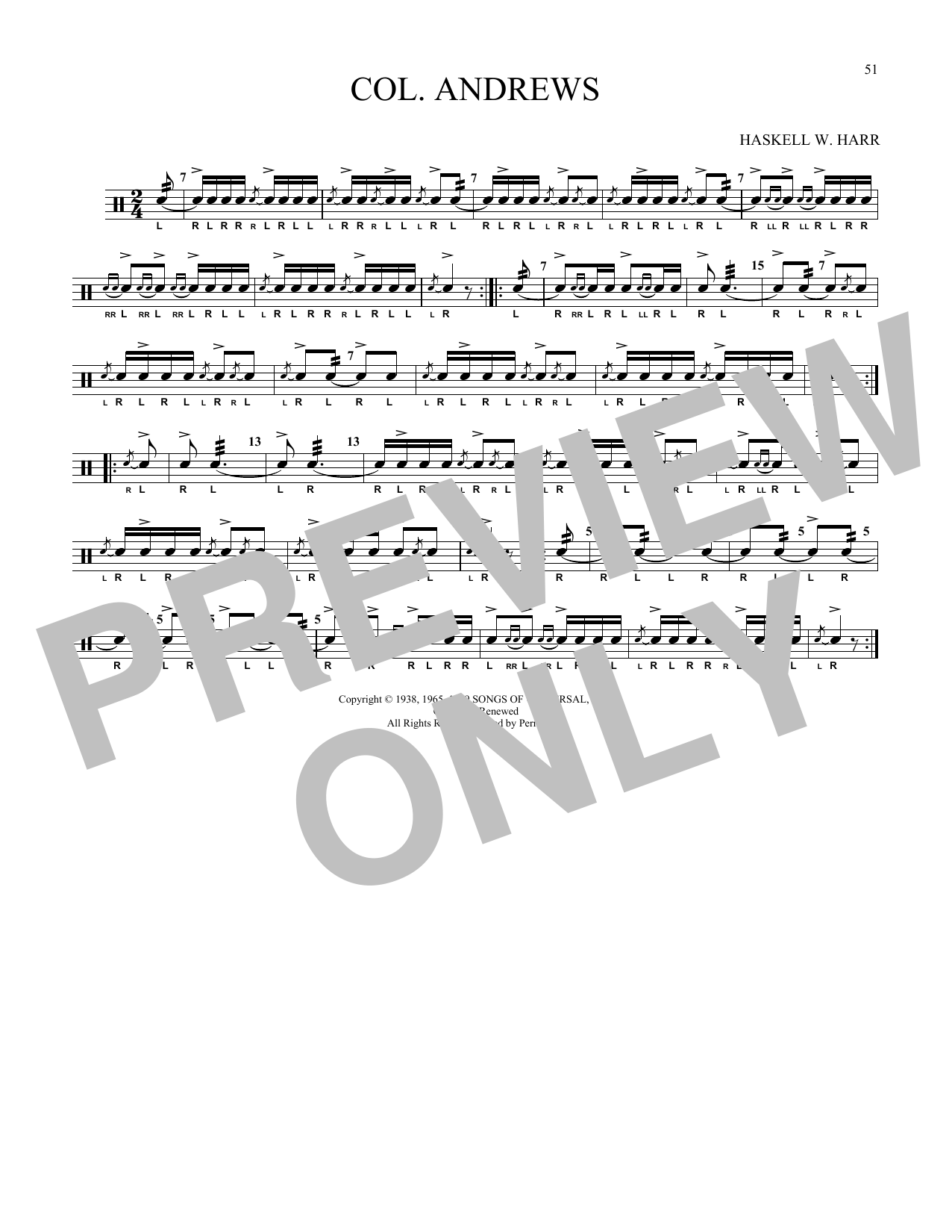 Learn to play Haskell W. Harr Col. Andrews sheet music for Snare Drum Solo in minutes. Price: 6.9900$ Haskell W. Harr Col. Andrews sheet music notes and chords arranged for Snare Drum Solo