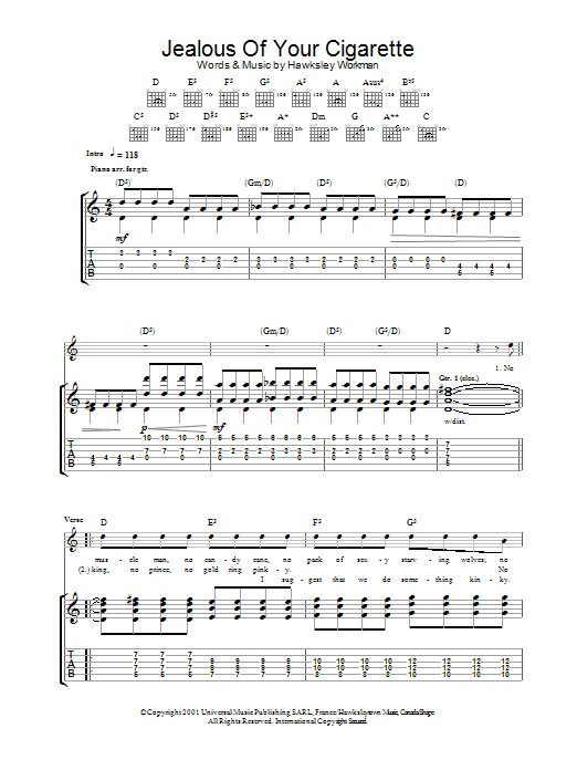 Learn to play Hawksley Workman Jealous Of Your Cigarette sheet music for Guitar Tab in minutes. Price: 7.8900$ Hawksley Workman Jealous Of Your Cigarette sheet music notes and chords arranged for Guitar Tab