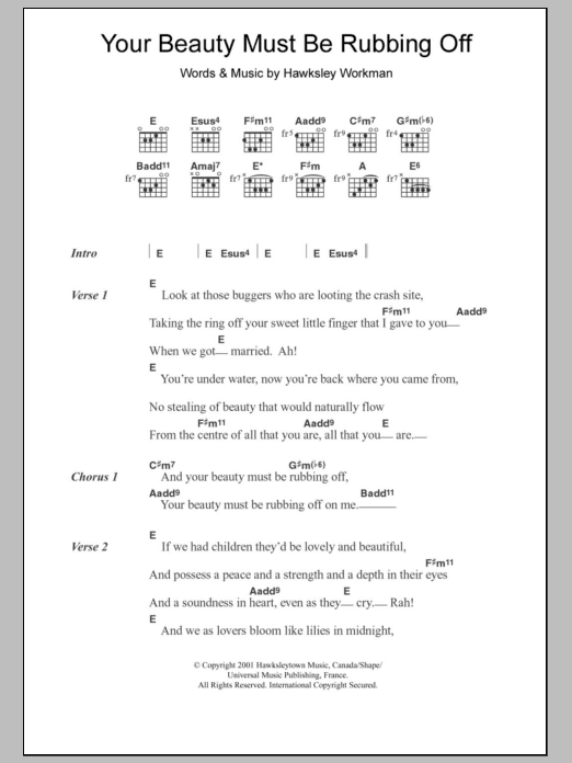 Hawksley Workman Your Beauty Must Be Rubbing Off sheet music notes and chords. Download Printable PDF.