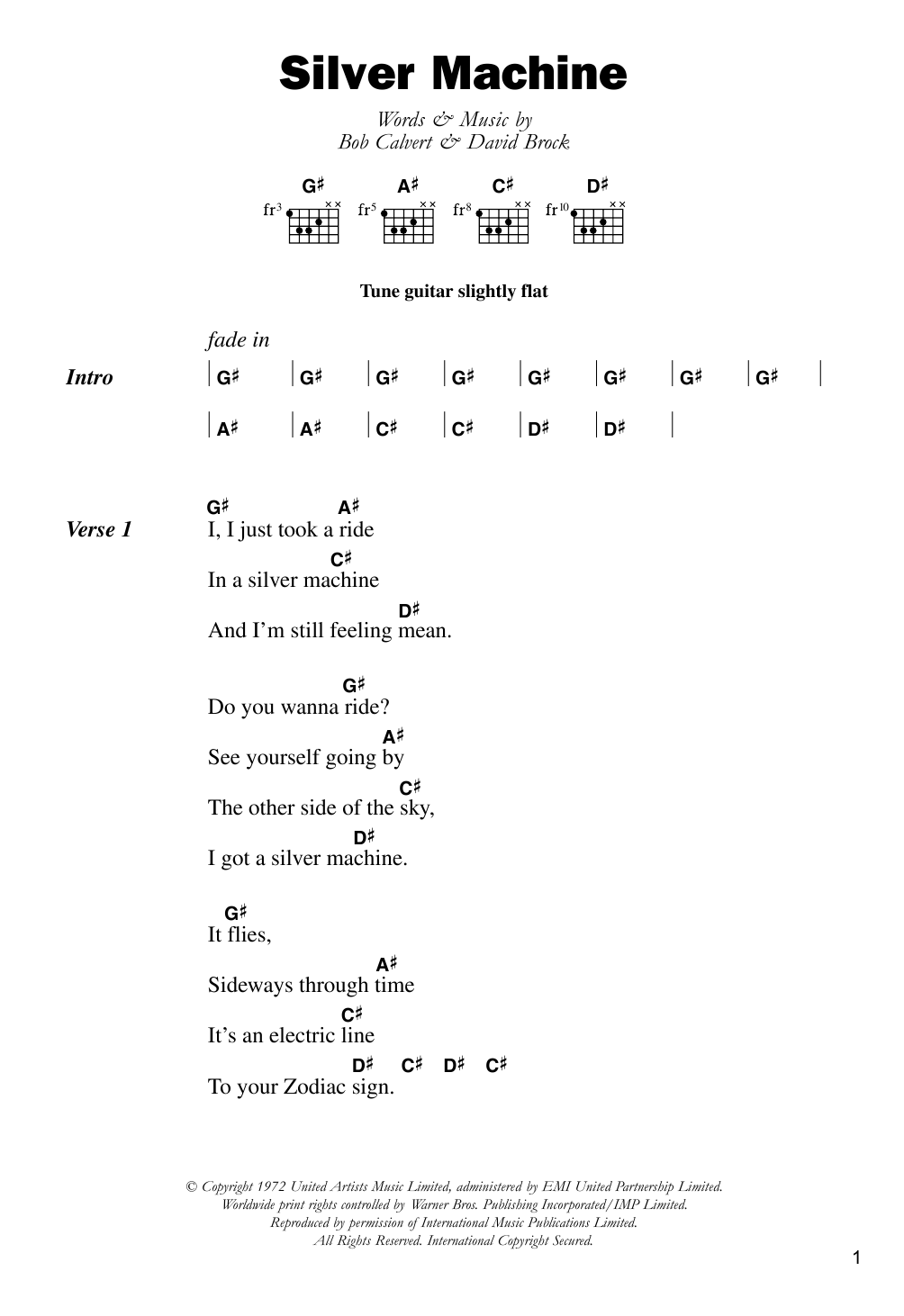 Learn to play Hawkwind Silver Machine sheet music for Guitar Chords/Lyrics in minutes. Price: 4.4900$ Hawkwind Silver Machine sheet music notes and chords arranged for Guitar Chords/Lyrics