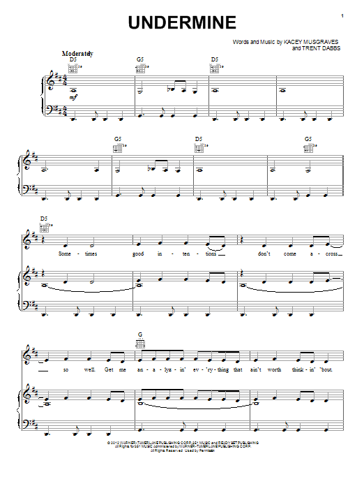 Learn to play Hayden Panettiere and Charles Esten Undermine (from the TV series 'Nashville') sheet music for Piano, Vocal & Guitar Chords (Right-Hand Melody) in minutes. Price: 7.8900$ Hayden Panettiere and Charles Esten Undermine (from the TV series 'Nashville') sheet music notes and chords arranged for Piano, Vocal & Guitar Chords (Right-Hand Melody)