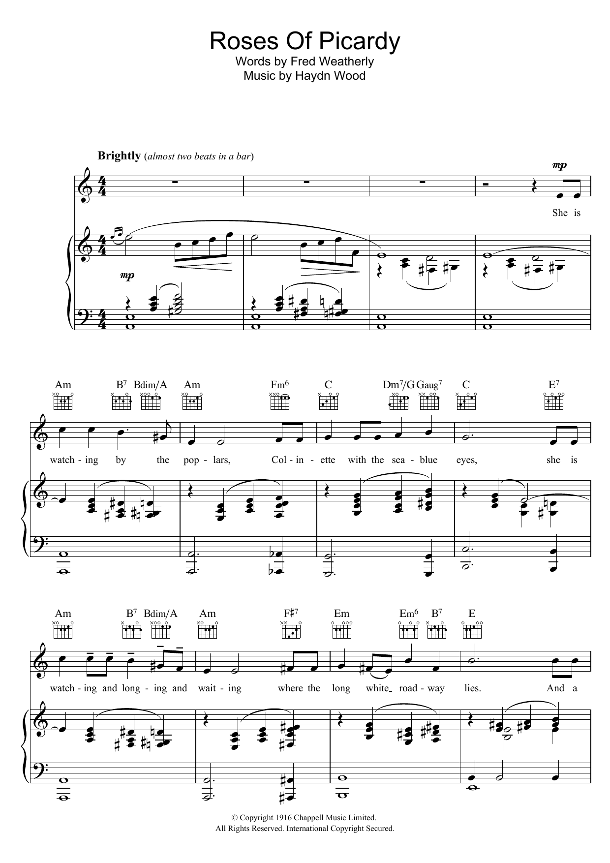 Haydn Wood Roses Of Picardy sheet music notes and chords arranged for Piano, Vocal & Guitar Chords
