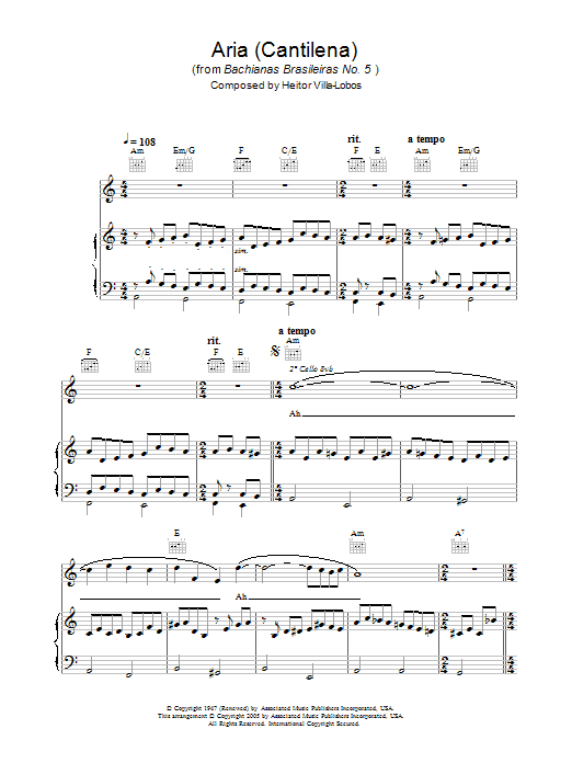 Hayley Westenra Aria (Cantilena) from Bachianas Brasileiras No. 5 sheet music notes and chords. Download Printable PDF.