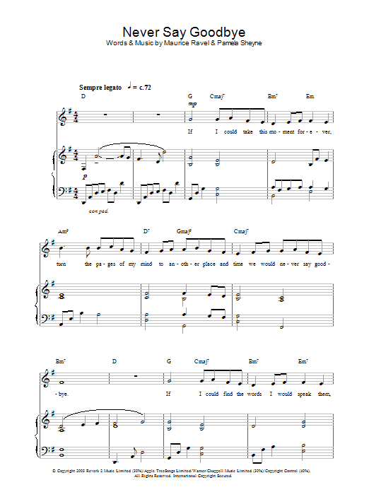 Learn to play Hayley Westenra Never Say Goodbye sheet music for Piano, Vocal & Guitar Chords in minutes. Price: 7.8900$ Hayley Westenra Never Say Goodbye sheet music notes and chords arranged for Piano, Vocal & Guitar Chords