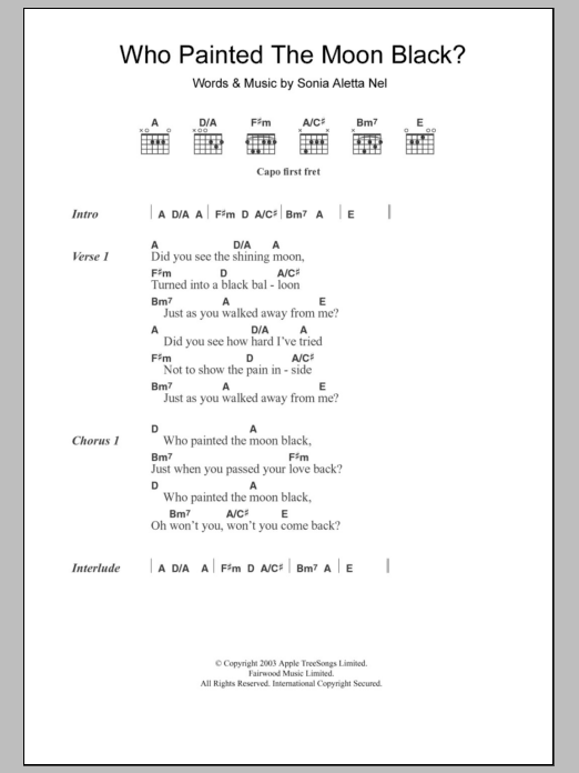 Learn to play Hayley Westenra Who Painted The Moon Black? sheet music for Guitar Chords/Lyrics in minutes. Price: 4.4900$ Hayley Westenra Who Painted The Moon Black? sheet music notes and chords arranged for Guitar Chords/Lyrics