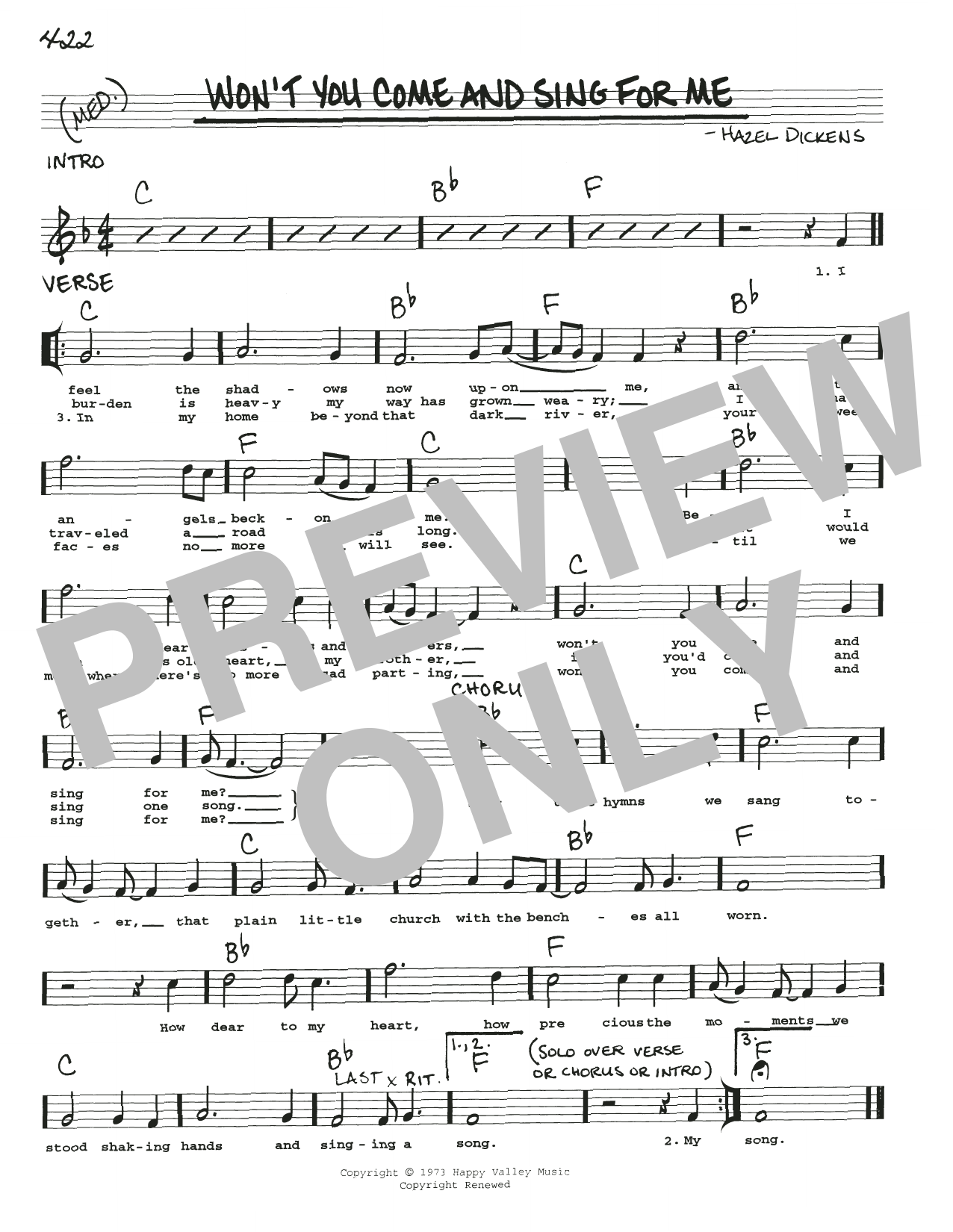 Hazel Dickens Won't You Come And Sing For Me sheet music notes and chords arranged for Real Book – Melody, Lyrics & Chords