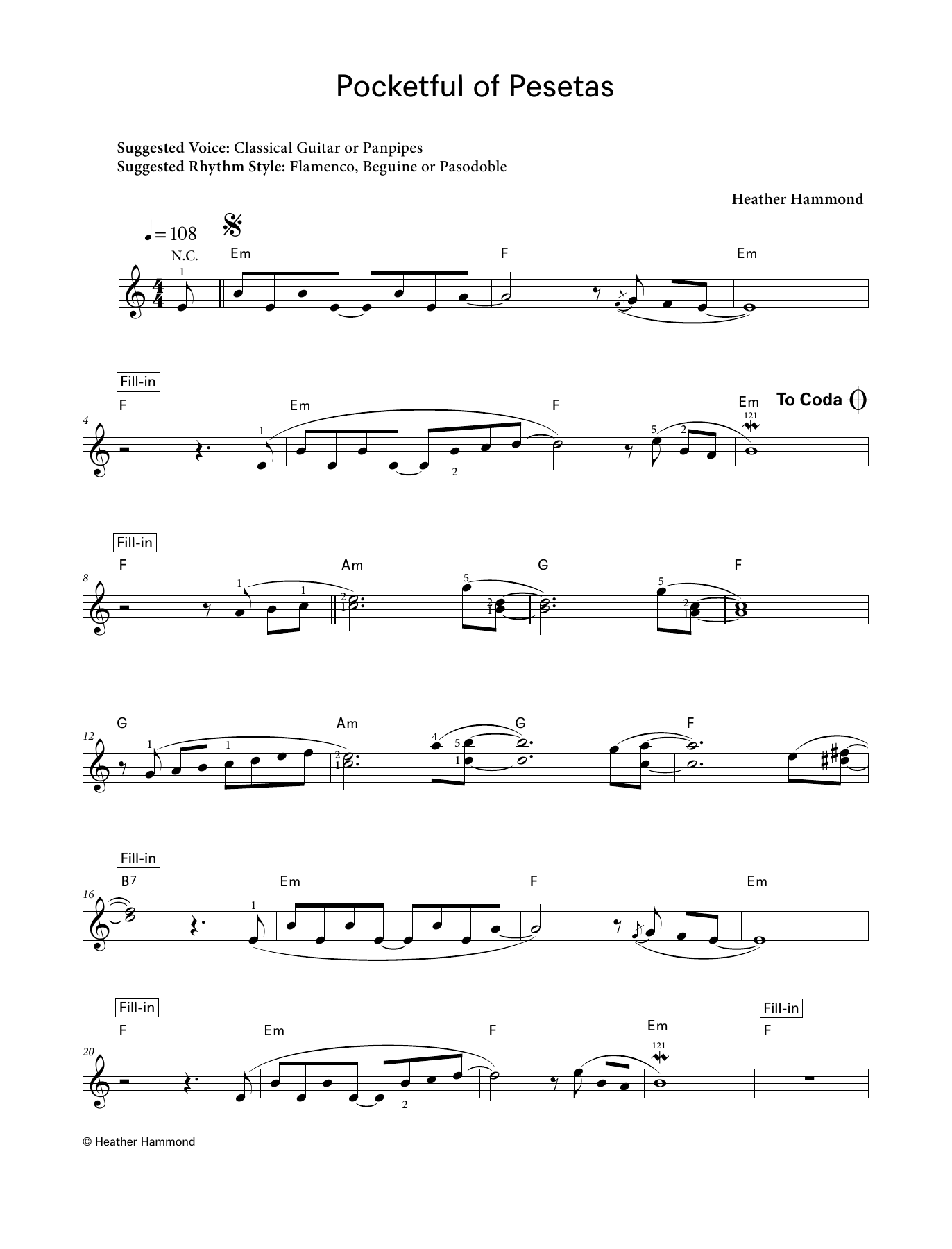 Heather Hammond Pocketful of Pesetas (LCME Electronic Keyboard Grade 4 List A) sheet music notes and chords. Download Printable PDF.