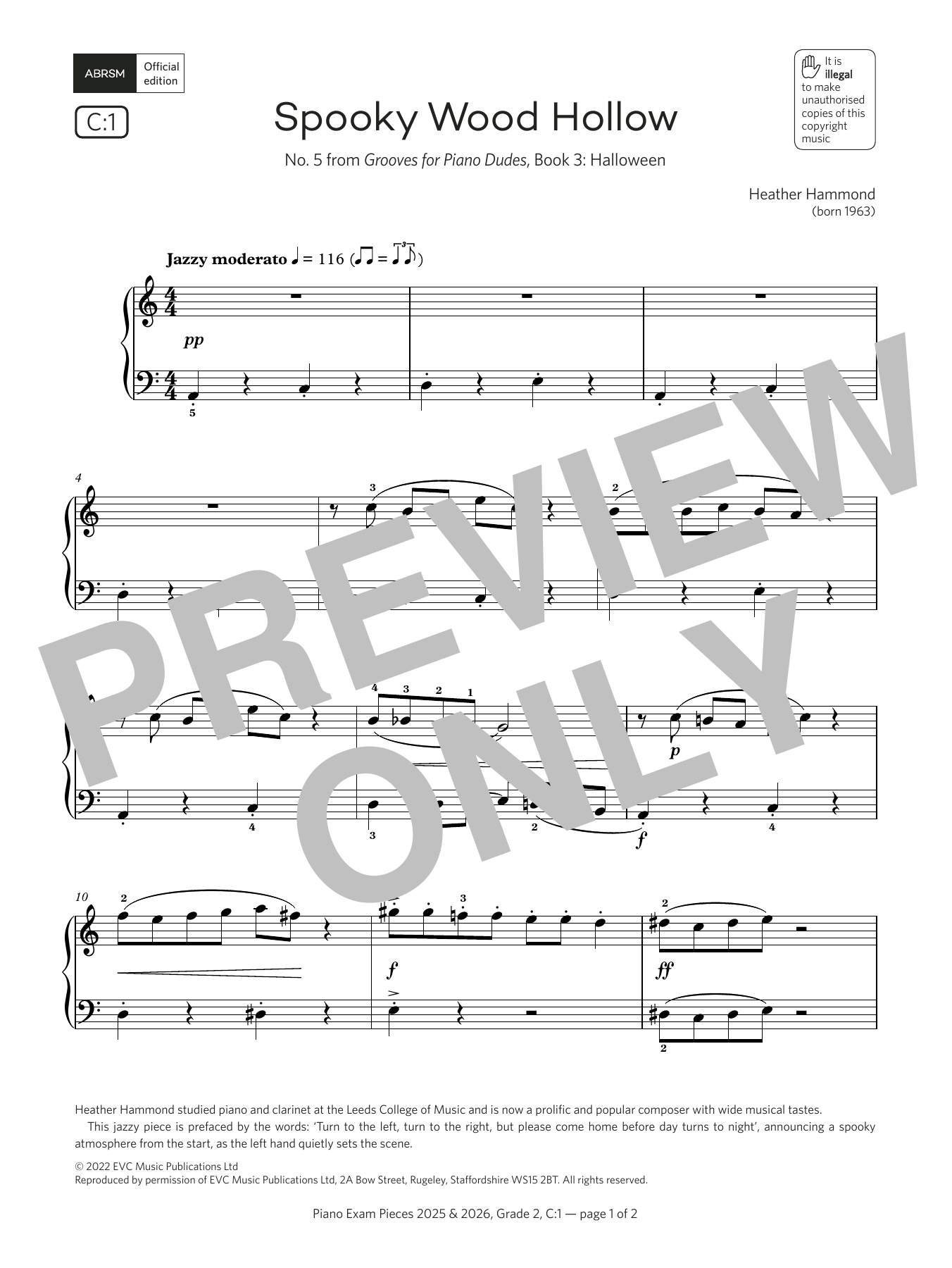 Heather Hammond Spooky Wood Hollow (Grade 2, list C1, from the ABRSM Piano Syllabus 2025 & 2026) sheet music notes and chords. Download Printable PDF.