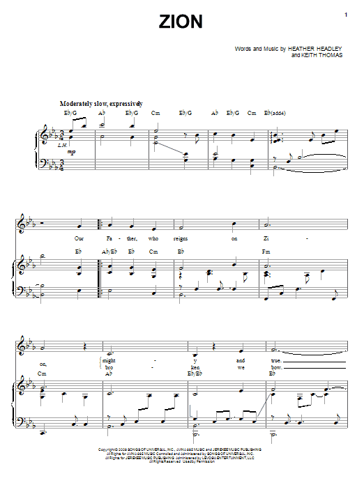 Learn to play Heather Headley Zion sheet music for Piano, Vocal & Guitar Chords (Right-Hand Melody) in minutes. Price: 7.8900$ Heather Headley Zion sheet music notes and chords arranged for Piano, Vocal & Guitar Chords (Right-Hand Melody)