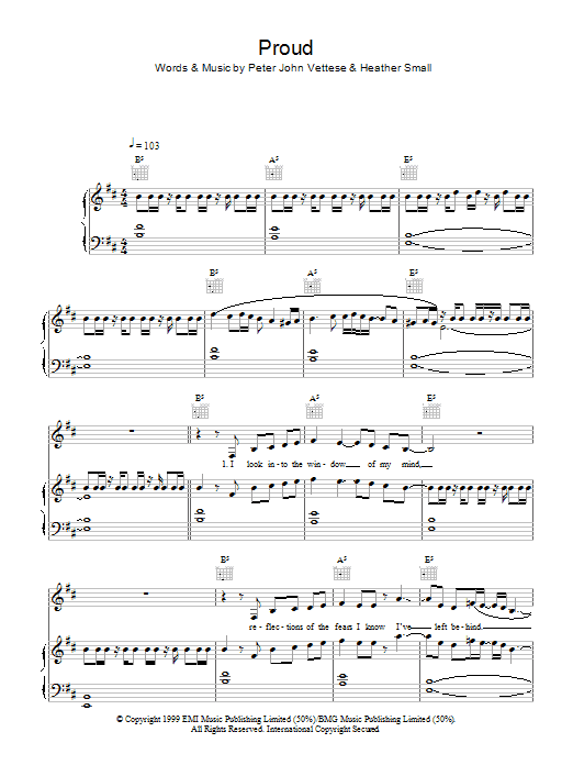 Learn to play Heather Small Proud sheet music for Piano, Vocal & Guitar Chords (Right-Hand Melody) in minutes. Price: 7.8900$ Heather Small Proud sheet music notes and chords arranged for Piano, Vocal & Guitar Chords (Right-Hand Melody)