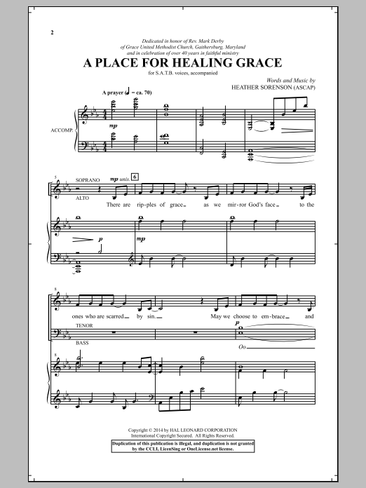 Learn to play Heather Sorenson A Place For Healing Grace sheet music for SATB Choir in minutes. Price: 3.9900$ Heather Sorenson A Place For Healing Grace sheet music notes and chords arranged for SATB Choir