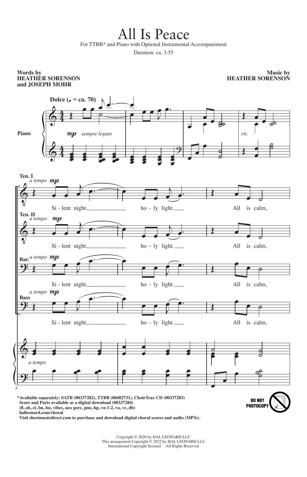 Heather Sorenson and Joseph Mohr All Is Peace sheet music notes and chords. Download Printable PDF.