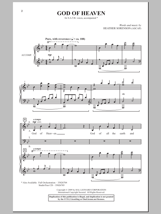 Heather Sorenson God Of Heaven sheet music notes and chords. Download Printable PDF.