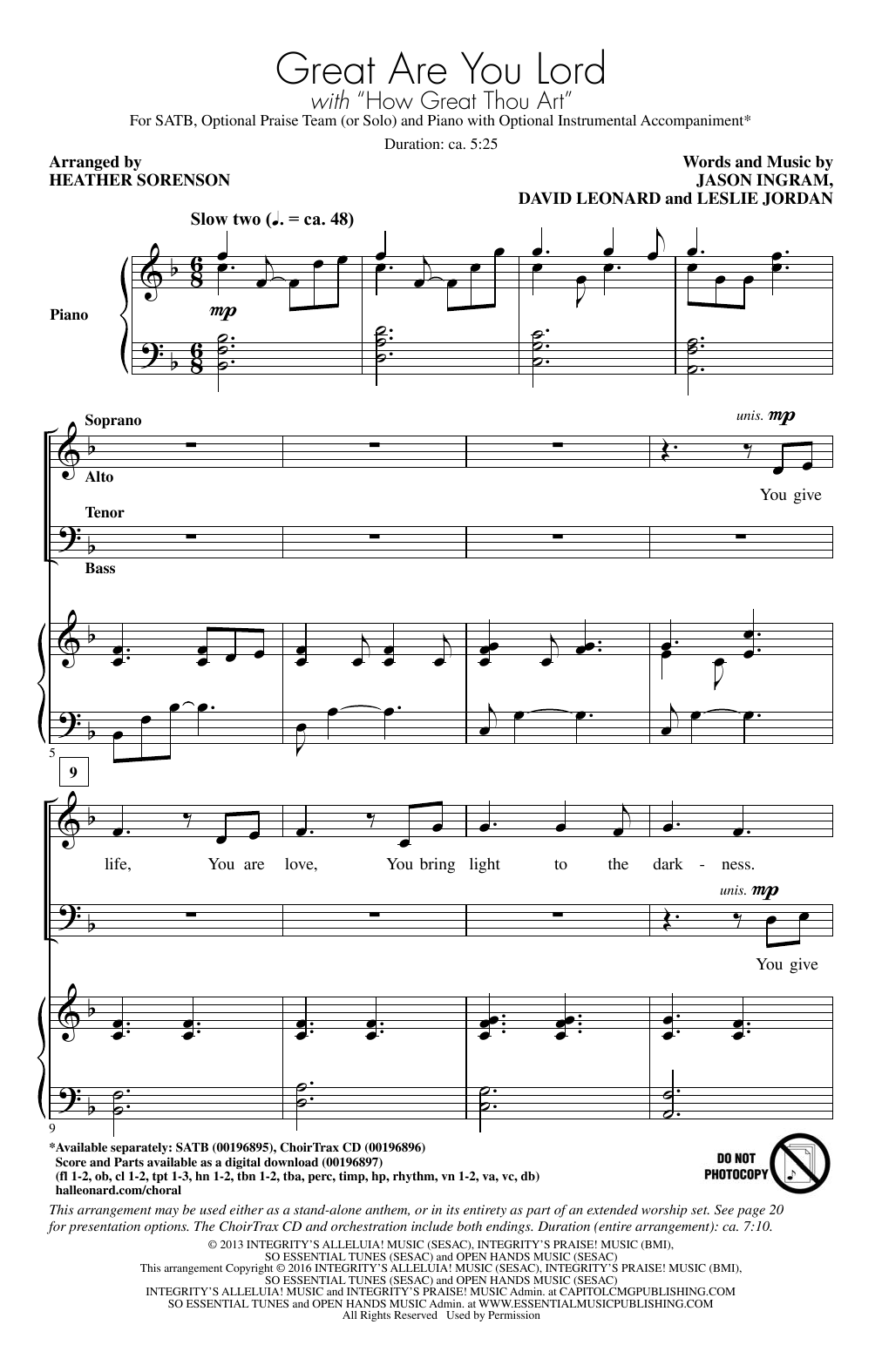 Learn to play Heather Sorenson Great Are You Lord sheet music for SATB Choir in minutes. Price: 3.9900$ Heather Sorenson Great Are You Lord sheet music notes and chords arranged for SATB Choir