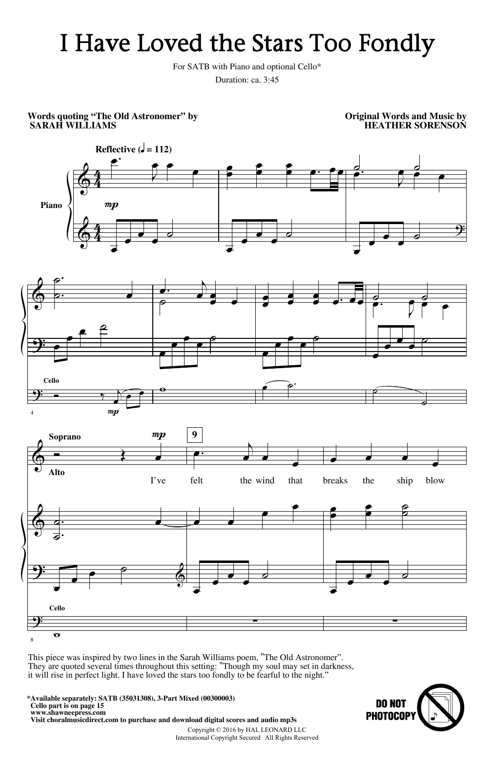 Heather Sorenson I Have Loved The Stars Too Fondly sheet music notes and chords. Download Printable PDF.