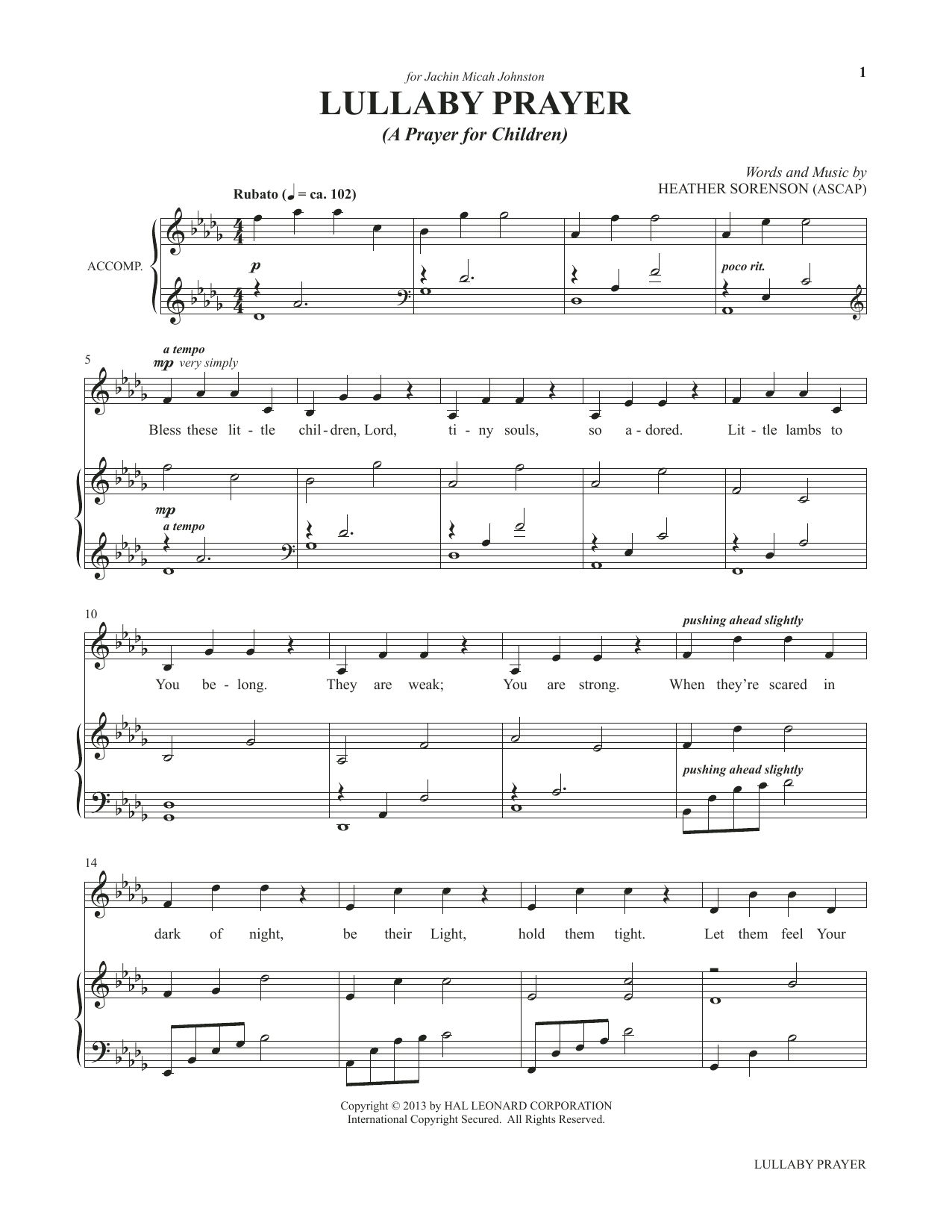 Learn to play Heather Sorenson Lullaby Prayer (A Prayer For Children) (from My Alleluia: Vocal Solos for Worship) sheet music for Piano & Vocal in minutes. Price: 7.8900$ Heather Sorenson Lullaby Prayer (A Prayer For Children) (from My Alleluia: Vocal Solos for Worship) sheet music notes and chords arranged for Piano & Vocal