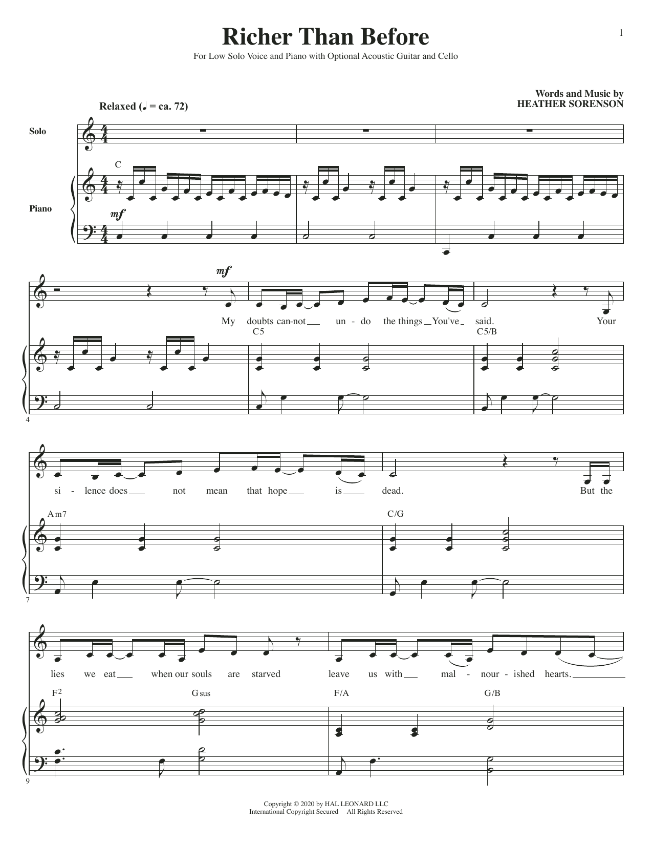 Heather Sorenson Richer Than Before (for Low Voice, Acoustic Guitar and Cello) sheet music notes and chords. Download Printable PDF.