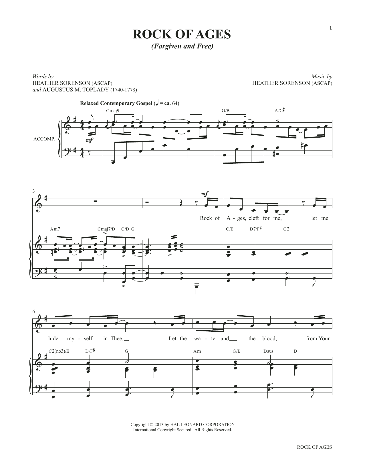 Learn to play Heather Sorenson Rock Of Ages (Forgiven And Free) (from My Alleluia: Vocal Solos for Worship) sheet music for Piano & Vocal in minutes. Price: 7.8900$ Heather Sorenson Rock Of Ages (Forgiven And Free) (from My Alleluia: Vocal Solos for Worship) sheet music notes and chords arranged for Piano & Vocal