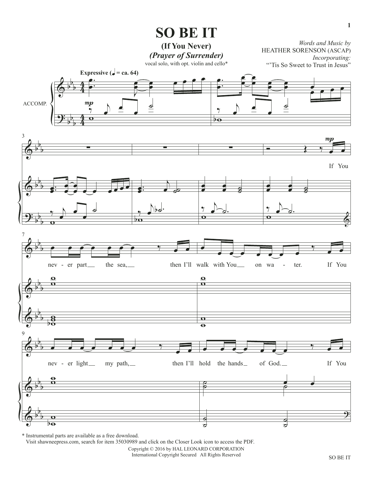 Heather Sorenson So Be It (If You Never) (from The Prayer Project) sheet music notes and chords. Download Printable PDF.