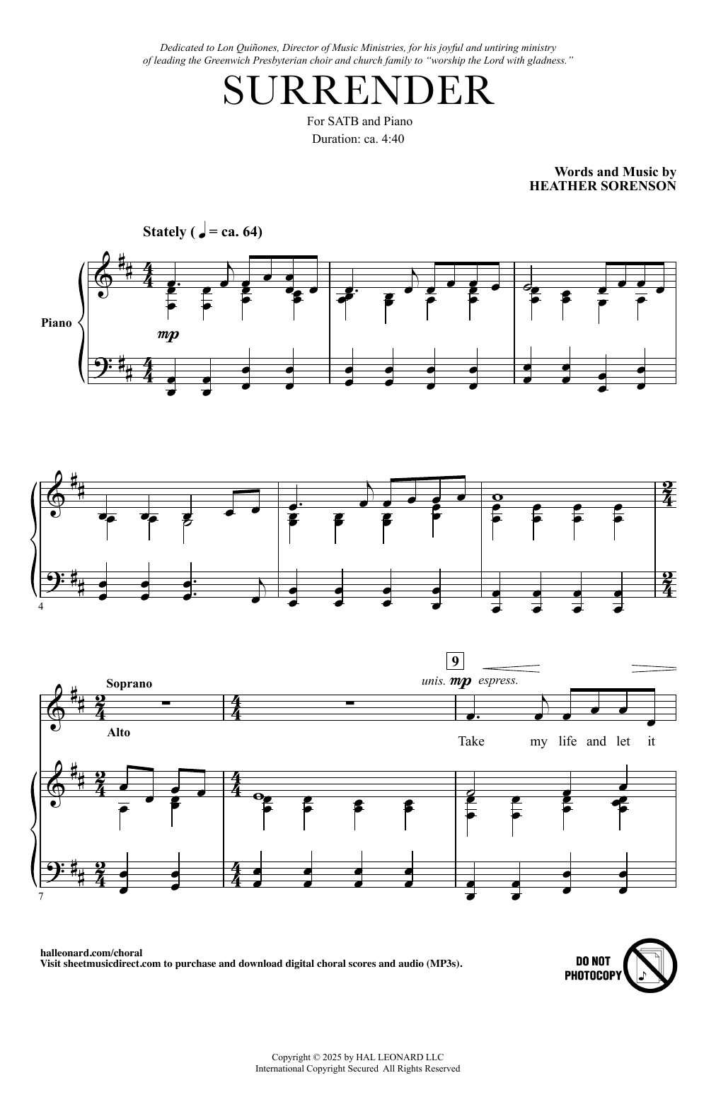 Heather Sorenson Surrender sheet music notes and chords arranged for SATB Choir