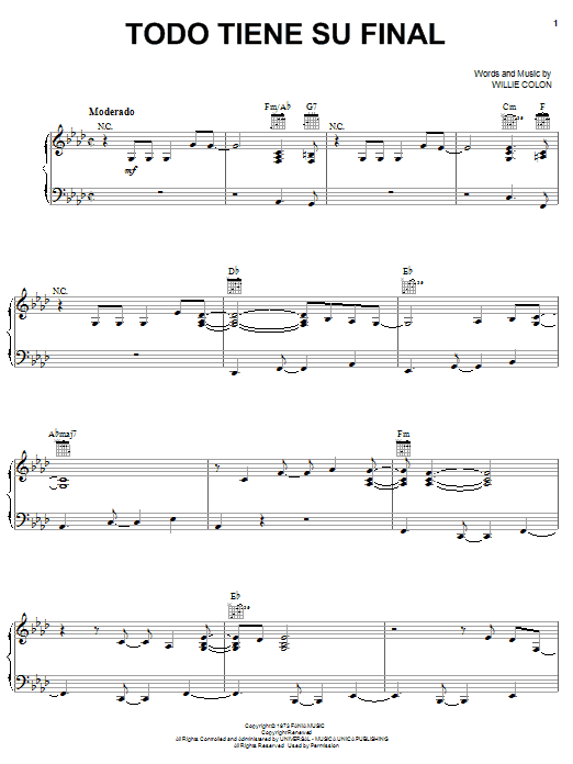 Learn to play Hector Lavoe Todo Tiene Su Final sheet music for Piano, Vocal & Guitar Chords (Right-Hand Melody) in minutes. Price: 7.8900$ Hector Lavoe Todo Tiene Su Final sheet music notes and chords arranged for Piano, Vocal & Guitar Chords (Right-Hand Melody)
