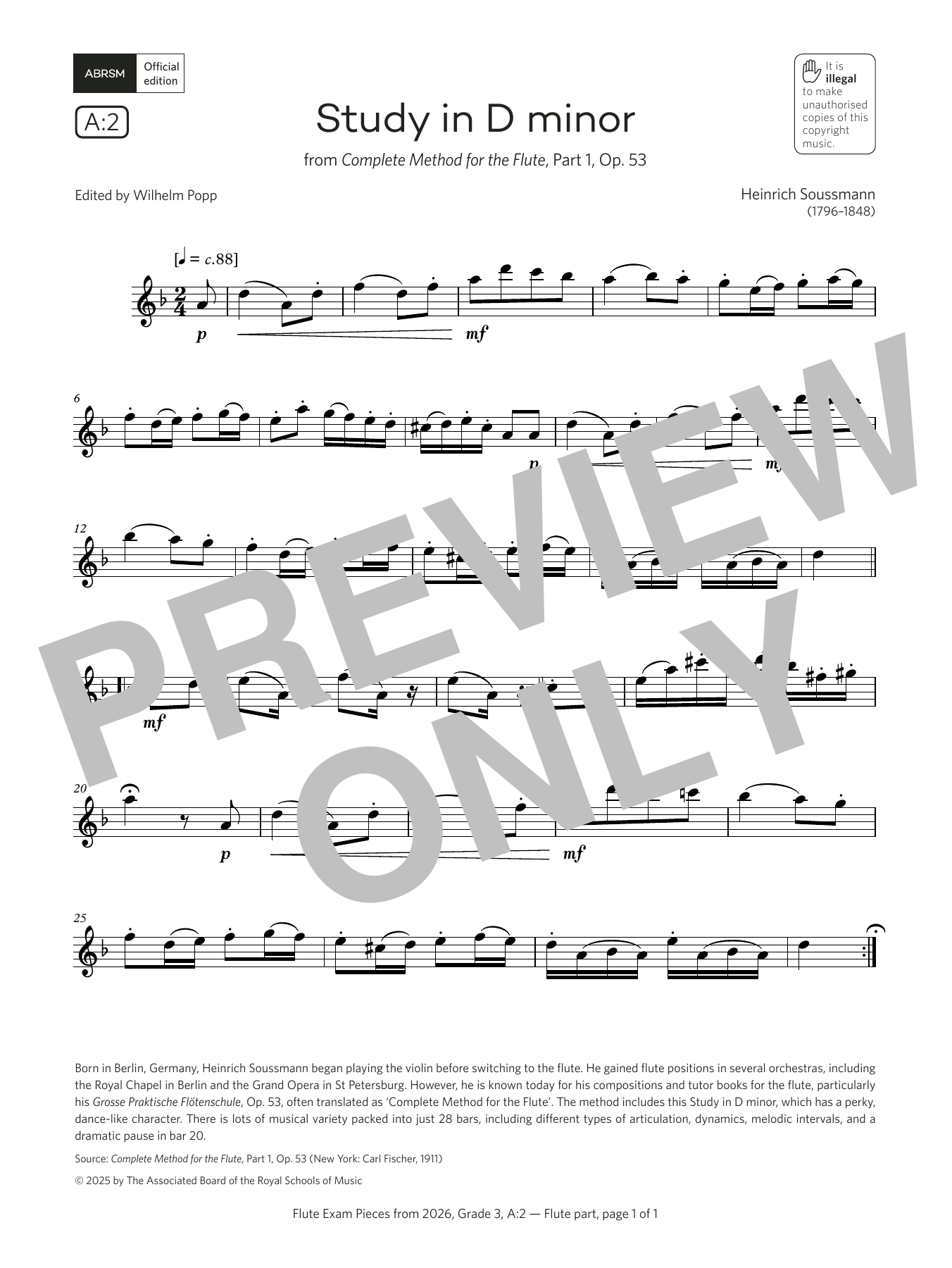 Learn to play Heinrich Soussmann Study in D minor (Grade 3, list A2, from the ABRSM Flute Syllabus from 2026) sheet music for Flute Solo in minutes. Price: 5.9900$ Heinrich Soussmann Study in D minor (Grade 3, list A2, from the ABRSM Flute Syllabus from 2026) sheet music notes and chords arranged for Flute Solo