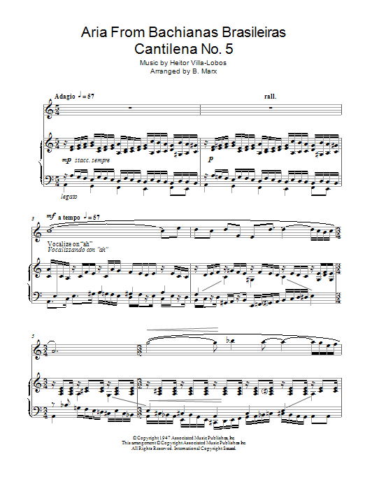 Heitor Villa-Lobos Aria From Bachianas Brasileiras Cantilena No. 5 sheet music notes and chords. Download Printable PDF.