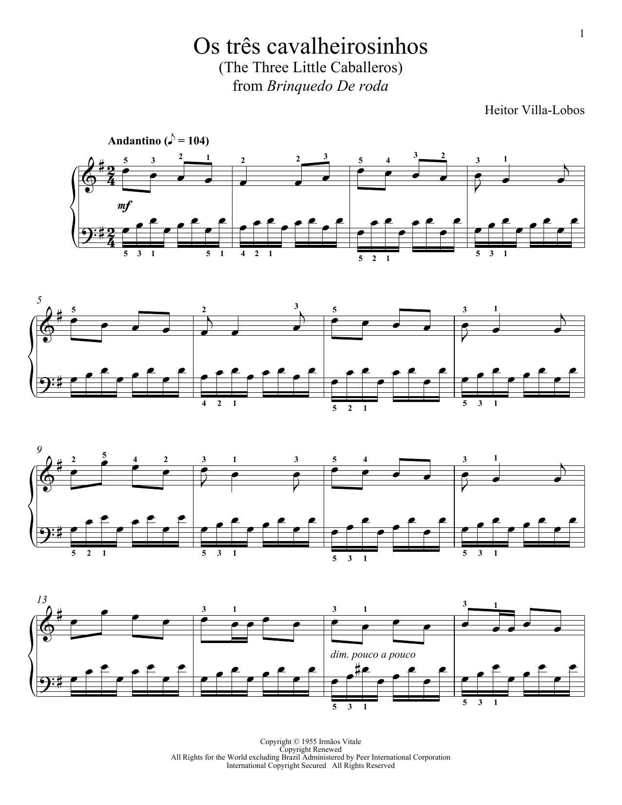 Learn to play Heitor Villa-Lobos Os Tres Cavalheirosinhos (The Three Little Caballeros) sheet music for Piano Solo in minutes. Price: 7.8900$ Heitor Villa-Lobos Os Tres Cavalheirosinhos (The Three Little Caballeros) sheet music notes and chords arranged for Piano Solo