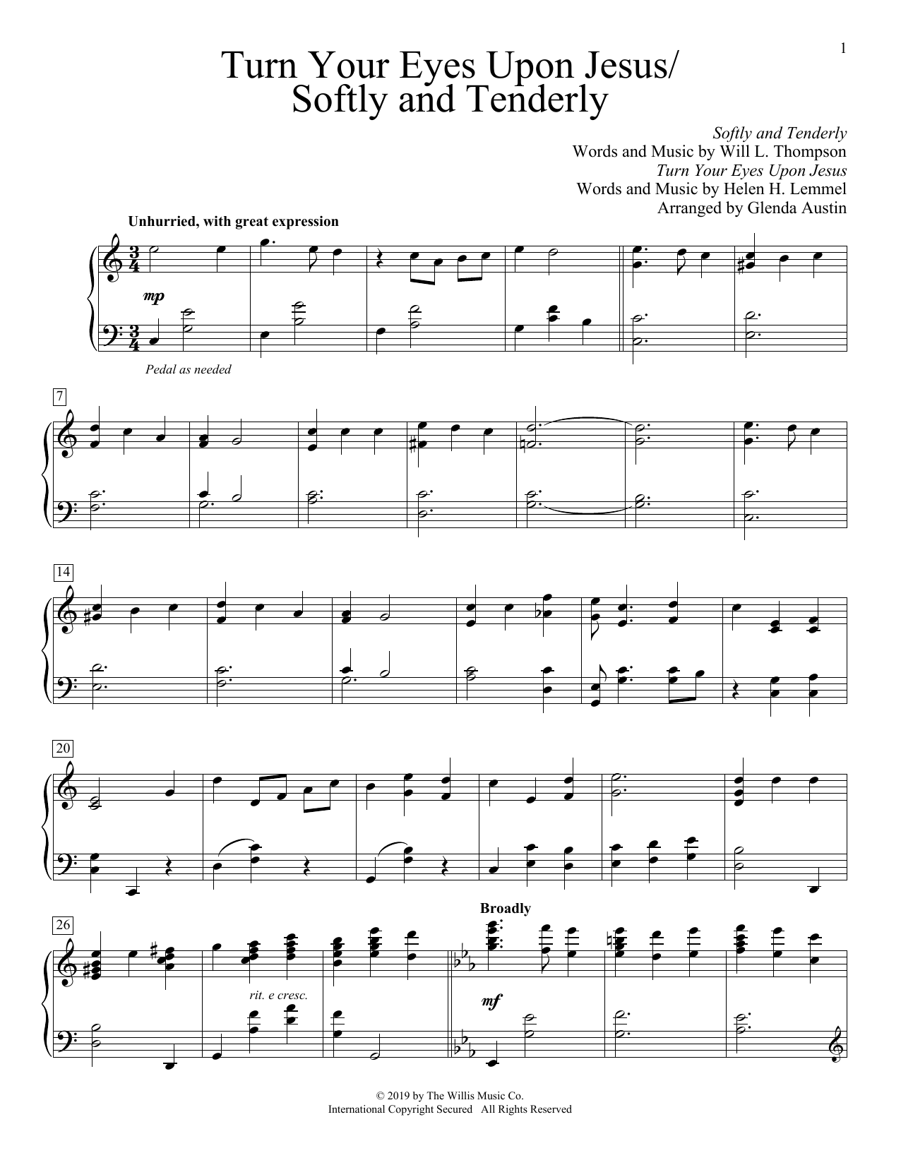 Helen H. Lemmel Turn Your Eyes Upon Jesus/Softly And Tenderly (arr. Glenda Austin) sheet music notes and chords. Download Printable PDF.