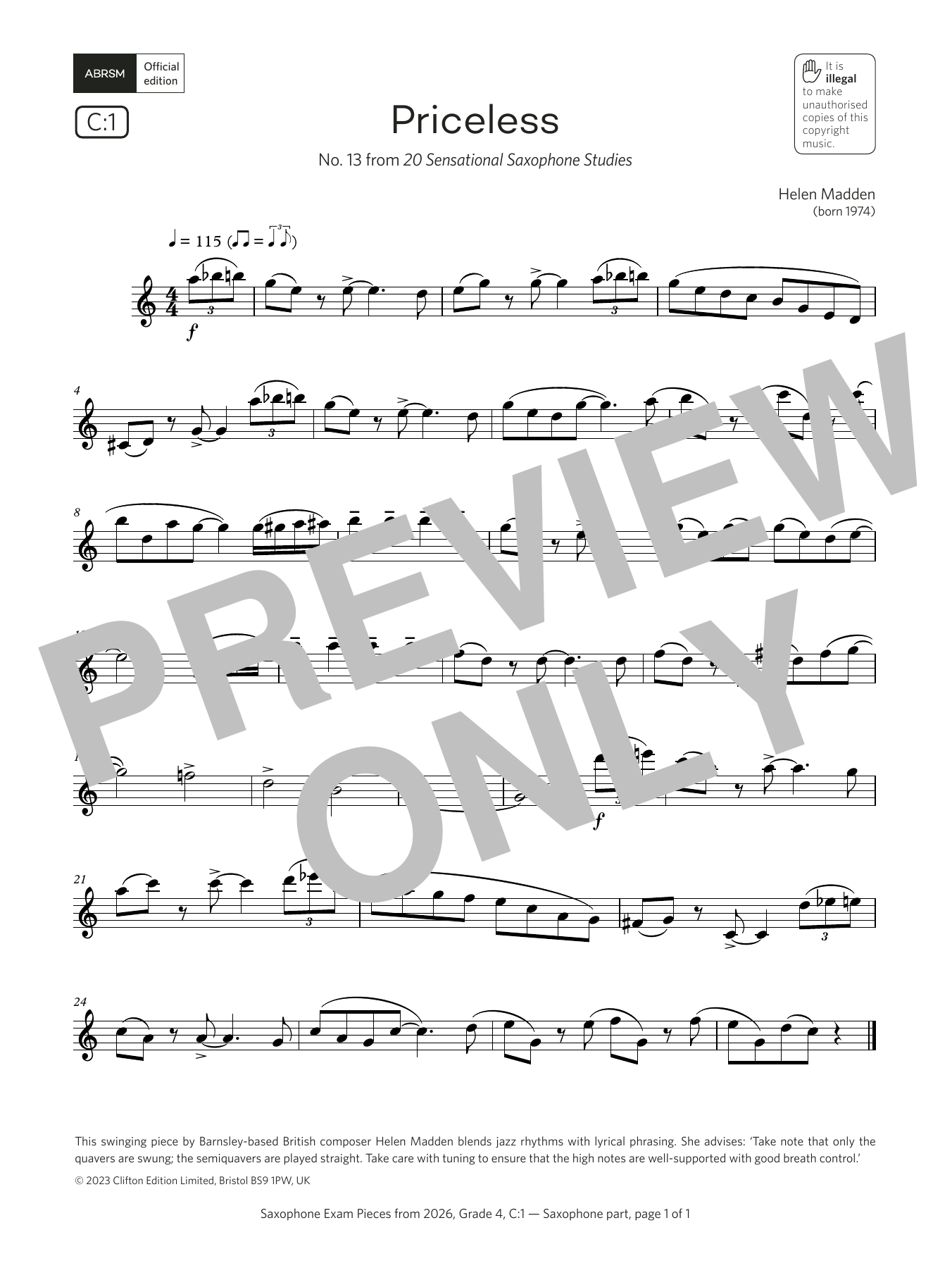 Learn to play Helen Madden Priceless (Grade 4, list C1, from the ABRSM Saxophone Syllabus from 2026) sheet music for Alto Sax Solo in minutes. Price: 5.9900$ Helen Madden Priceless (Grade 4, list C1, from the ABRSM Saxophone Syllabus from 2026) sheet music notes and chords arranged for Alto Sax Solo