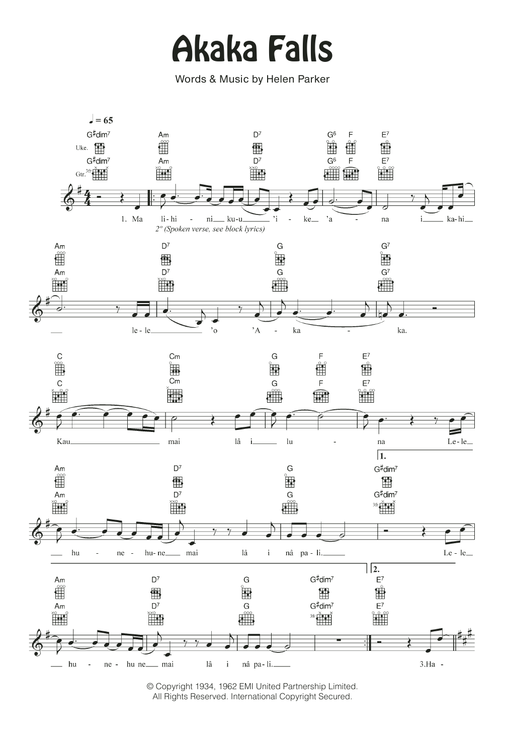 Helen Parker Akaka Falls sheet music notes and chords arranged for Ukulele