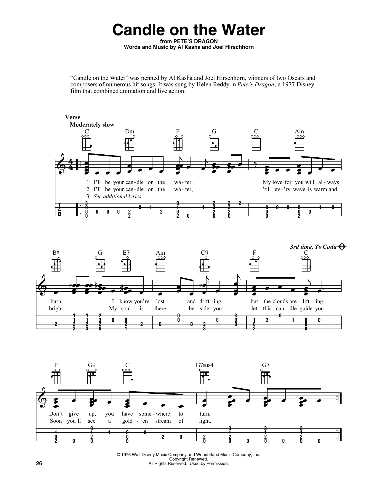 Al Kasha Candle On The Water (from Pete's Dragon) (arr. Fred Sokolow) sheet music notes and chords. Download Printable PDF.