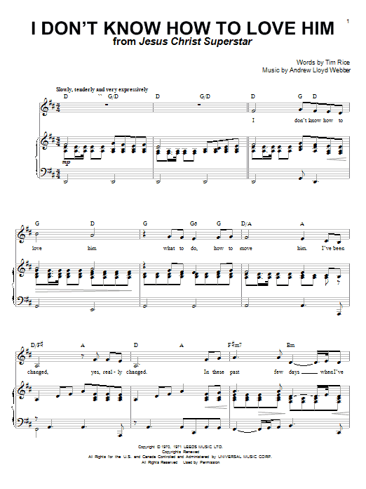 Learn to play Helen Reddy I Don't Know How To Love Him sheet music for Piano & Vocal in minutes. Price: 7.8900$ Helen Reddy I Don't Know How To Love Him sheet music notes and chords arranged for Piano & Vocal