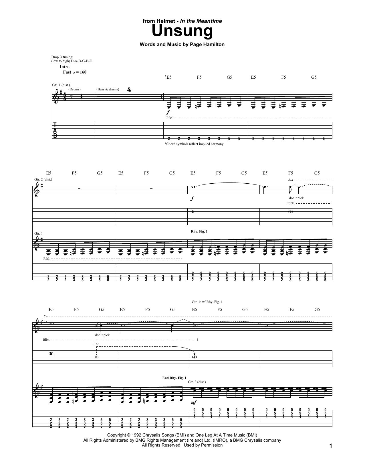 Helmet Unsung sheet music notes and chords. Download Printable PDF.