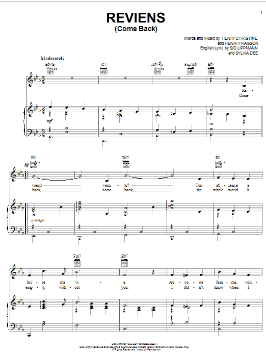 Henri Christine Reviens (Come Back) sheet music notes and chords arranged for Piano, Vocal & Guitar Chords (Right-Hand Melody)