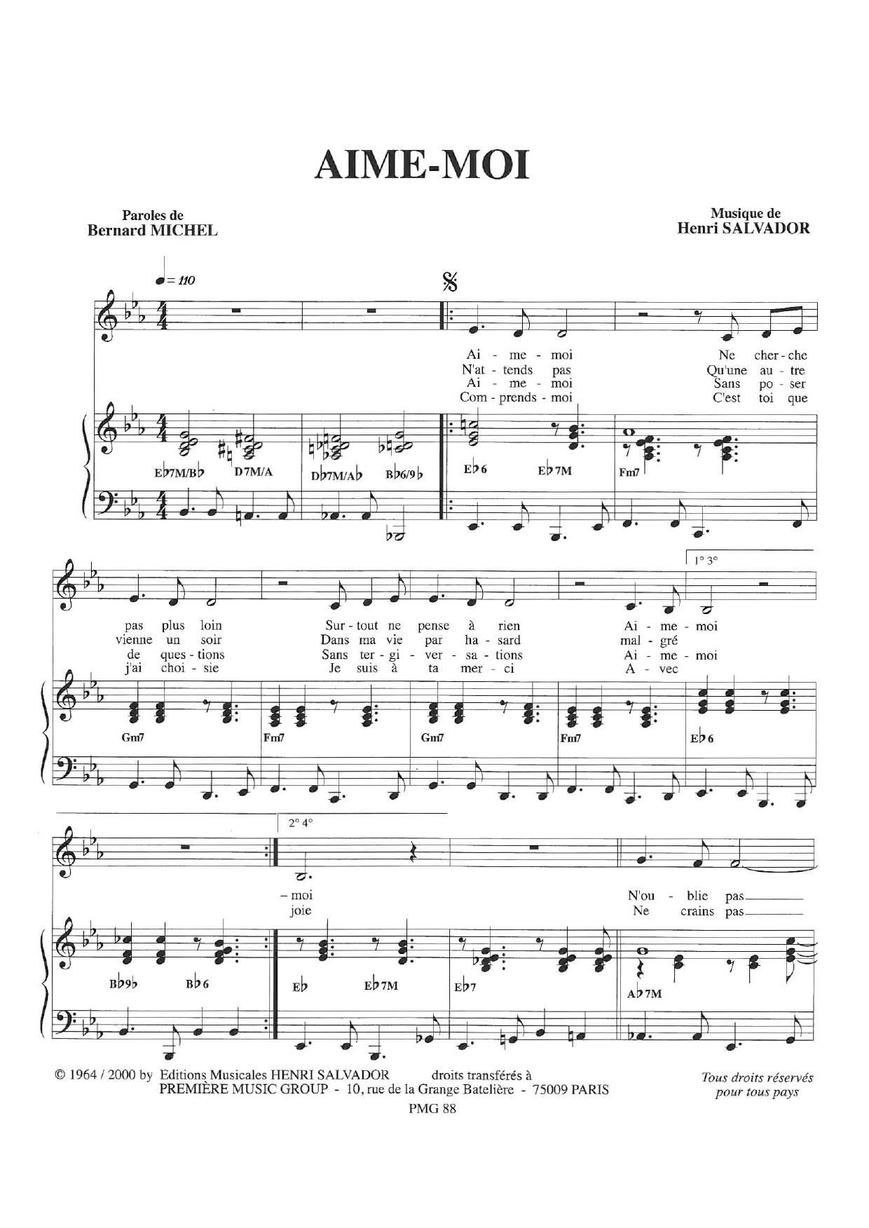 Learn to play Henri Salvador Aime-Moi sheet music for Piano & Vocal in minutes. Price: 7.8900$ Henri Salvador Aime-Moi sheet music notes and chords arranged for Piano & Vocal