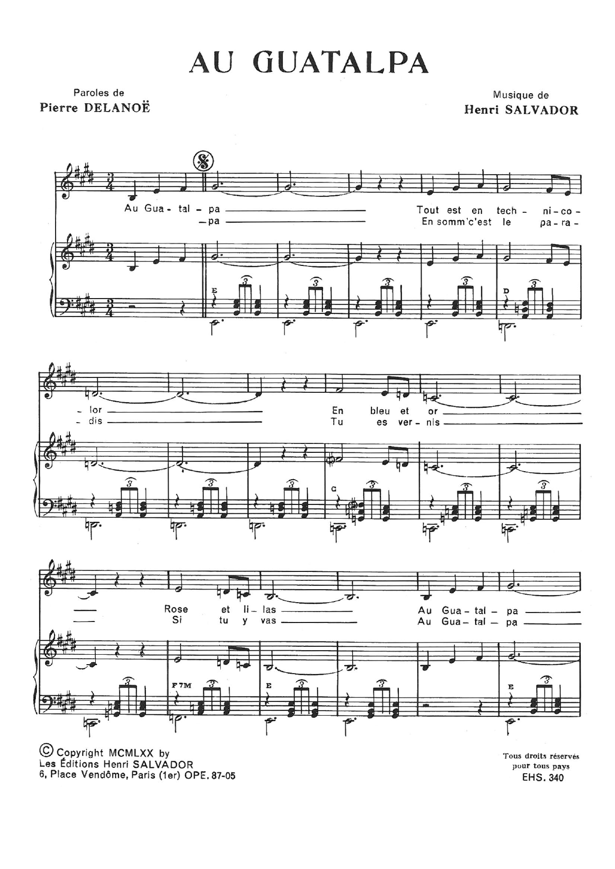 Learn to play Henri Salvador Au Gatalpa sheet music for Piano & Vocal in minutes. Price: 7.8900$ Henri Salvador Au Gatalpa sheet music notes and chords arranged for Piano & Vocal