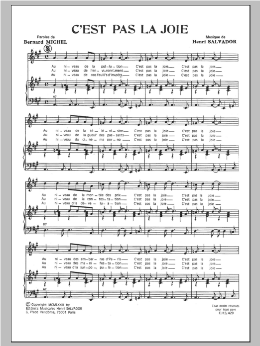 Learn to play Henri Salvador C'est Pas La Joie sheet music for Piano & Vocal in minutes. Price: 7.8900$ Henri Salvador C'est Pas La Joie sheet music notes and chords arranged for Piano & Vocal