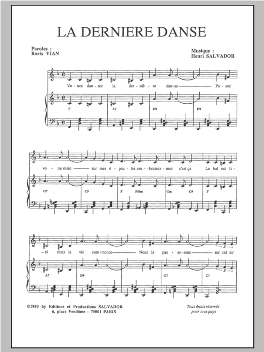 Learn to play Henri Salvador Derniere Danse sheet music for Piano & Vocal in minutes. Price: 7.8900$ Henri Salvador Derniere Danse sheet music notes and chords arranged for Piano & Vocal