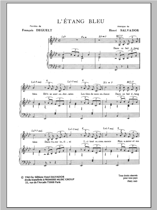 Henri Salvador Etang Bleu sheet music notes and chords arranged for Piano & Vocal