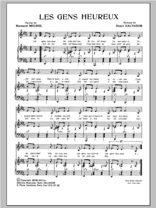 Learn to play Henri Salvador Gens Heureux sheet music for Piano & Vocal in minutes. Price: 7.8900$ Henri Salvador Gens Heureux sheet music notes and chords arranged for Piano & Vocal